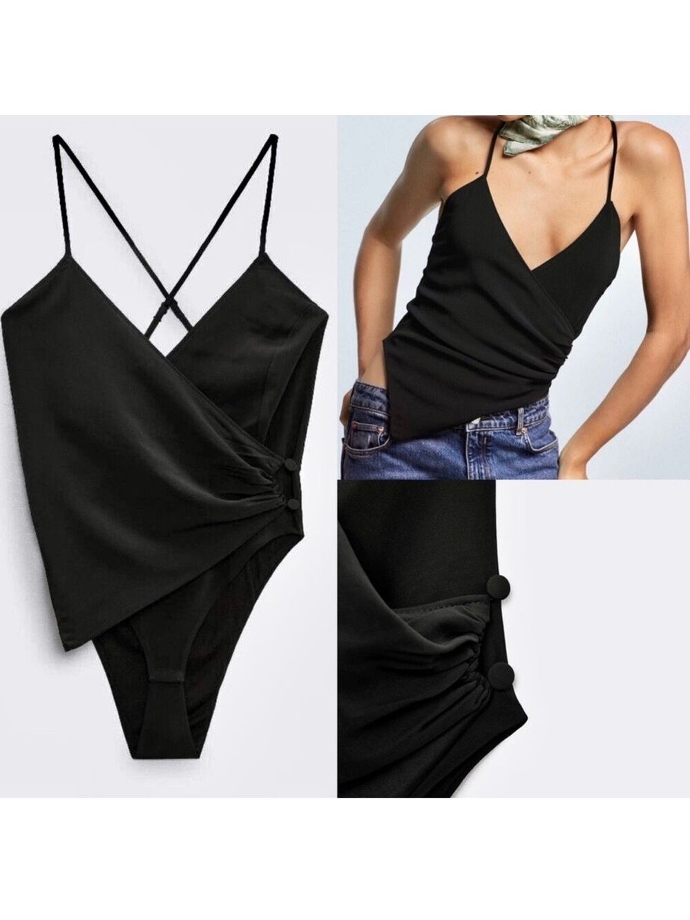 Zara black asymmetrical spaghetti strap V-neck bodysuit sweetheart neckline Sz S